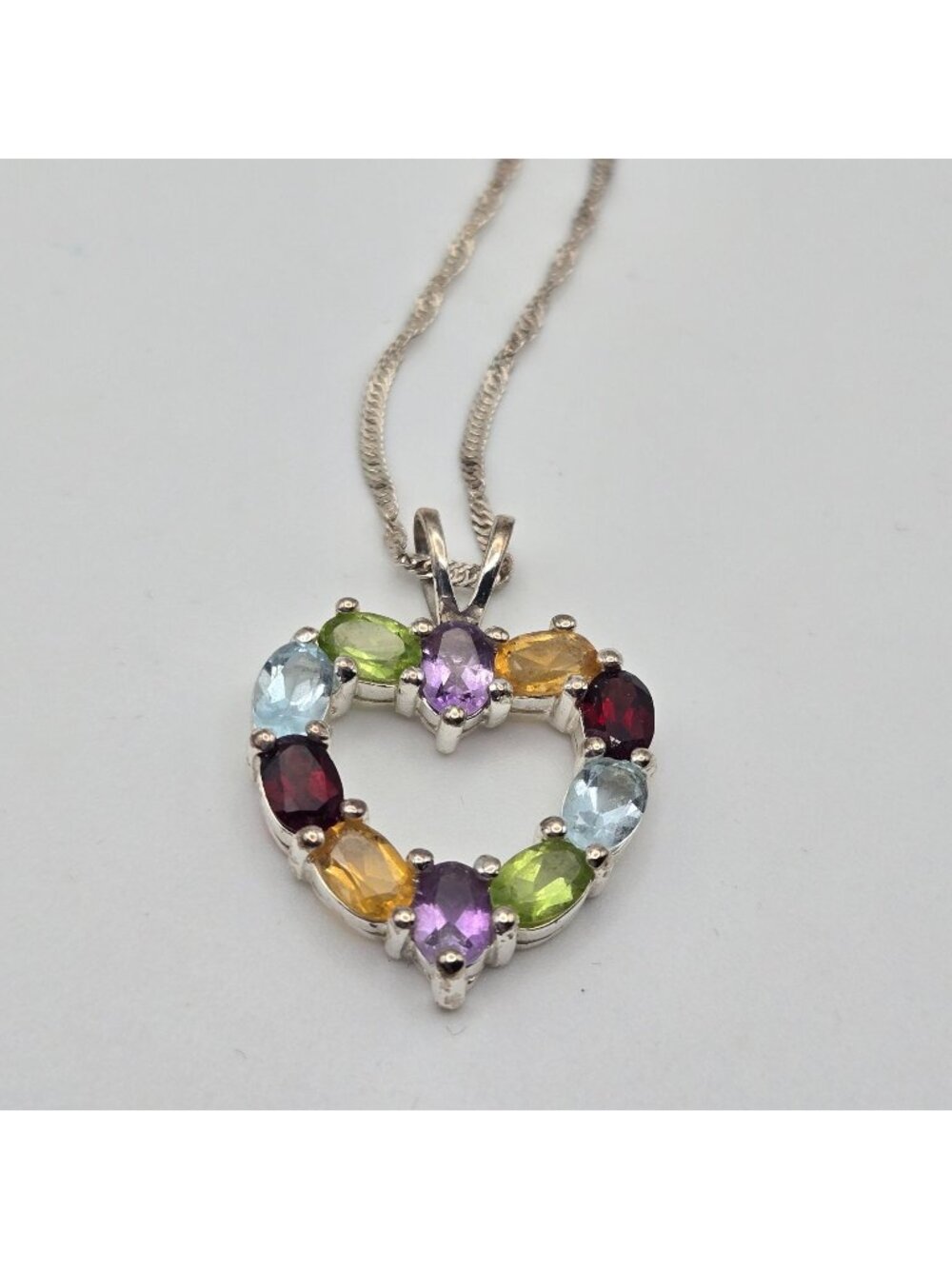 Sterling Silver 925 Heart Pendant Necklace With Multi-Colored Gemstones 18" Twis